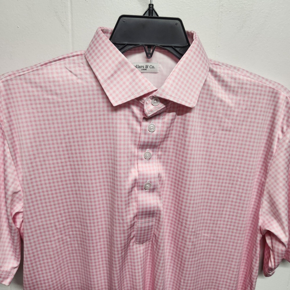Collars & Co. Polo Shirt Mens Large Pink Dress Collar Gingham Golf Polyester - Picture 2 of 9